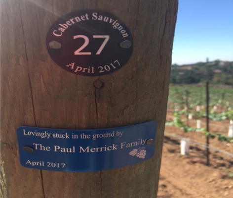 vineyard tags on a post, row tag